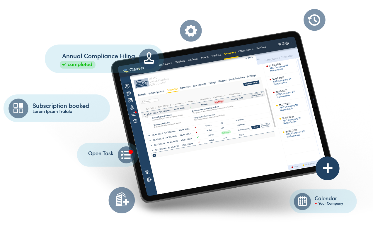 Clevver Compliance Center calendar to keep your company complain, important dates for tax filings, book tax and accounting there